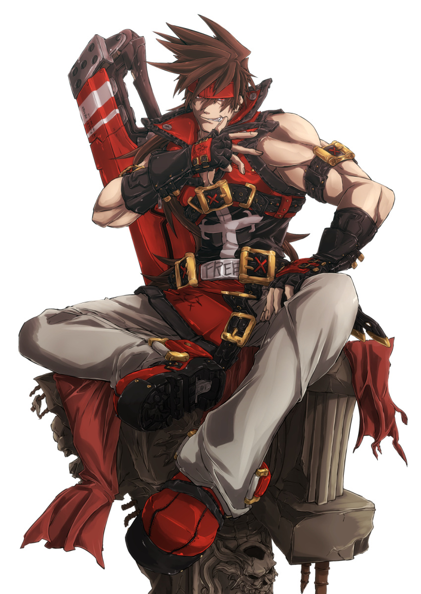 1boy, bare_shoulders, belt, blonde_hair, boots, brown_hair, commentary_request, fang, fingerless_gloves, gloves, guilty_gear, guilty_gear_xrd, hand_on_thigh, headband, highres, long_hair, male_focus, muscle, ponytail, red_eyes, sitting, sol_badguy, solo, sword, teeth, vandana, weapon