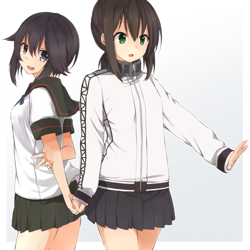 2girls, :d, :o, black_hair, blush, brown_hair, collar, cosplay