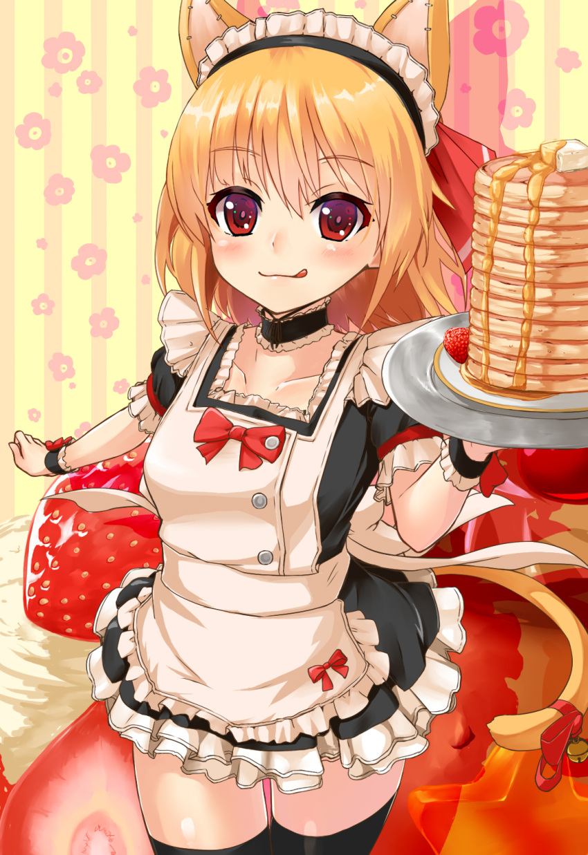 1girl, :q, alternate_costume, animal_ears, apron, black_legwear, blonde_hair, blush