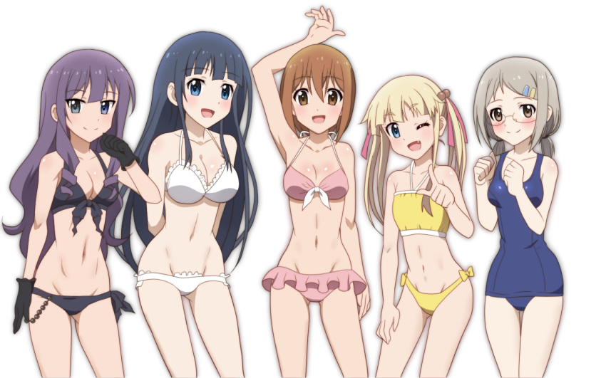 5girls, :d, ;d, anitore!_ex, arm_up, arms_behind_back, bikini, black_bikini
