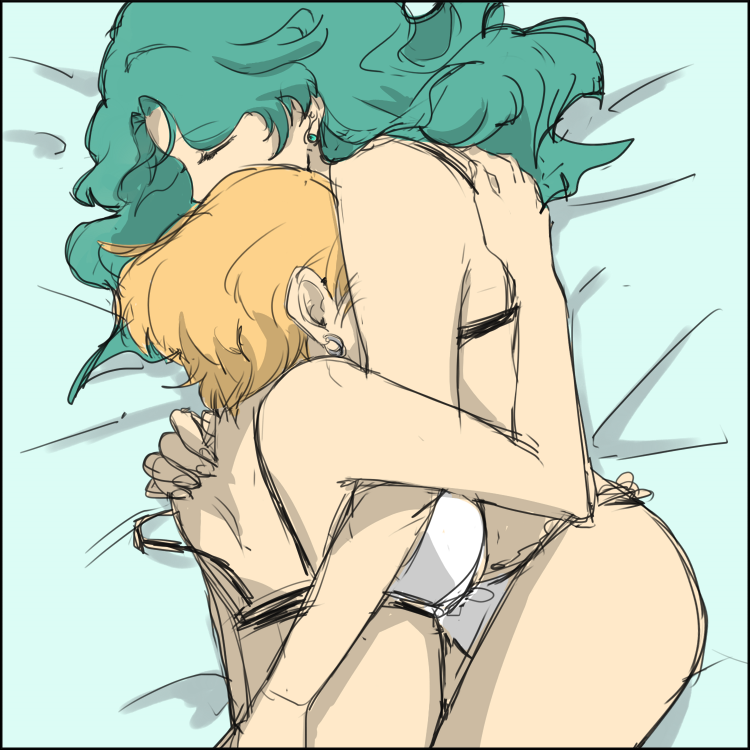2girls, aqua_hair, bishoujo_senshi_sailor_moon, blonde_hair, closed_eyes, couple, earrings, from_side, hiki-wota, hug, jewelry, kaiou_michiru, lying, multiple_girls, on_bed, short_hair, sketch, ten'ou_haruka, underwear, underwear_only, very_short_hair, yuri