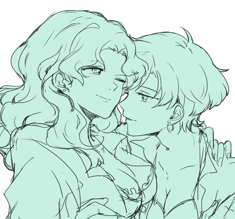 2girls, bishoujo_senshi_sailor_moon, breasts, couple, earrings, half-closed_eyes, hiki-wota, holding, jewelry, kaiou_michiru, long_hair, monochrome, multiple_girls, one_eye_closed, profile, short_hair, ten'ou_haruka, very_short_hair, white_background, yuri