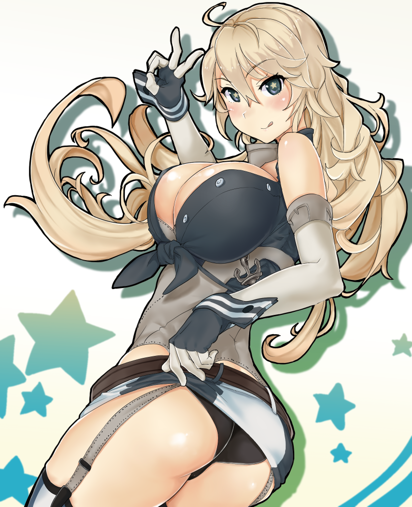 1girl, ass, black_panties, blonde_hair, breasts, cleavage, elbow_gloves, fingerless_gloves, front-tie_top, garter_straps, gloves, grey_eyes, iowa_(kantai_collection), kantai_collection, large_breasts, panties, pantyshot, pinero, solo, star, star-shaped_pupils, symbol-shaped_pupils, thigh-highs, underwear