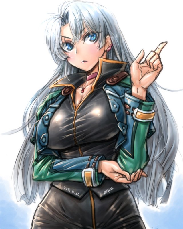 1girl, amania_orz, blue_eyes, breasts, calvina_coulange, choker, cleavage, jacket