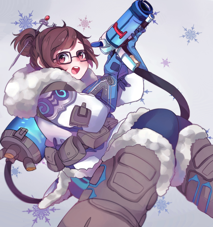 1girl, beads, belt, belt_pouch, black-framed_eyewear, blue_gloves, blue_legwear, boots