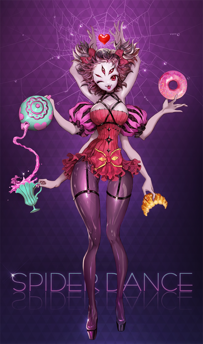 1girl, black_hair, bow, candlefish, croissant, doughnut, english, extra_arms