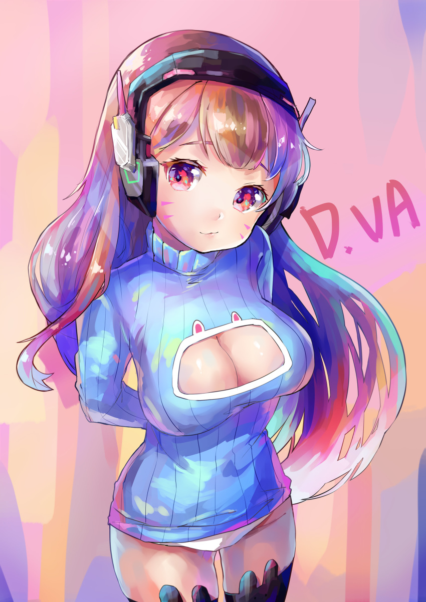 1girl, absurdres, adapted_costume, arms_behind_back, black_legwear, blue_sweater, breasts, brown_eyes