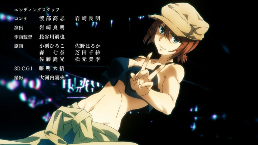 1girl, bangs, bare_shoulders, blue_pants, breasts, brown_hair, cabbie_hat, cleavage
