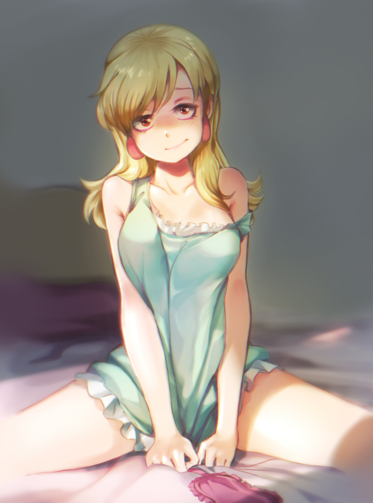 1girl, bed, blonde_hair, blurry, breasts, brown_eyes, depth_of_field, dress