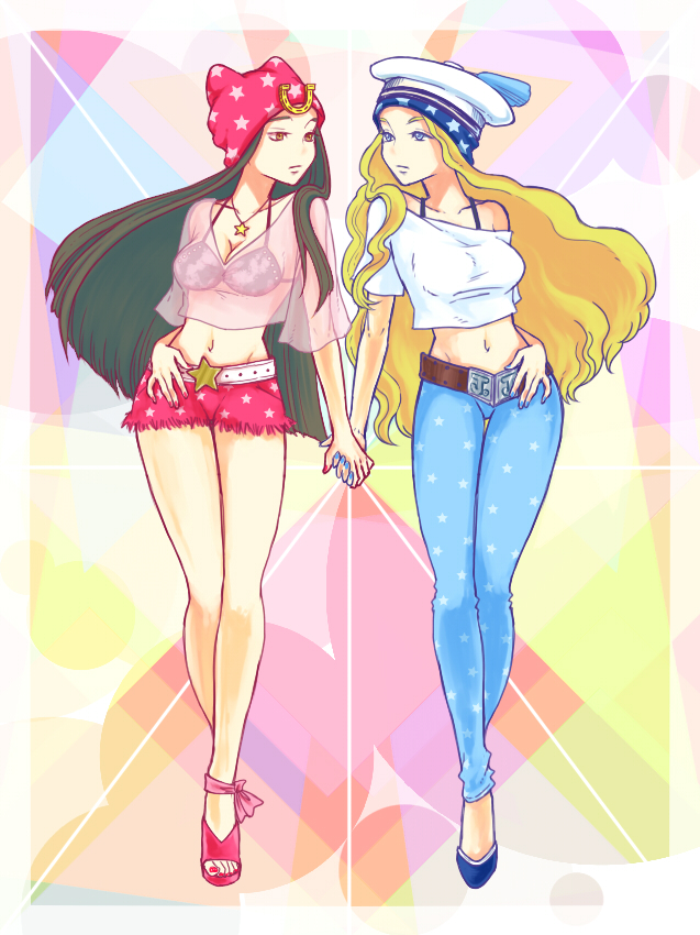 belt, belt_buckle, blonde_hair, blue_eyes, blue_nails, bra, breasts, brown_hair, buckle, cleavage, collarbone, crop_top, dual_persona, full_body, genderswap, genderswap_(mtf), groin, hand_on_hip, hat, holding_hands, horseshoe, jewelry, johnny_joestar, jojo_no_kimyou_na_bouken, jojolion, long_hair, looking_at_another, medium_breasts, midriff, nail_polish, navel, necklace, off-shoulder_shirt, red_eyes, red_nails, sailor_hat, see-through, shakata_(ozi3), shirt, short_shorts, shorts, star, star_print, steel_ball_run, toenail_polish, underwear