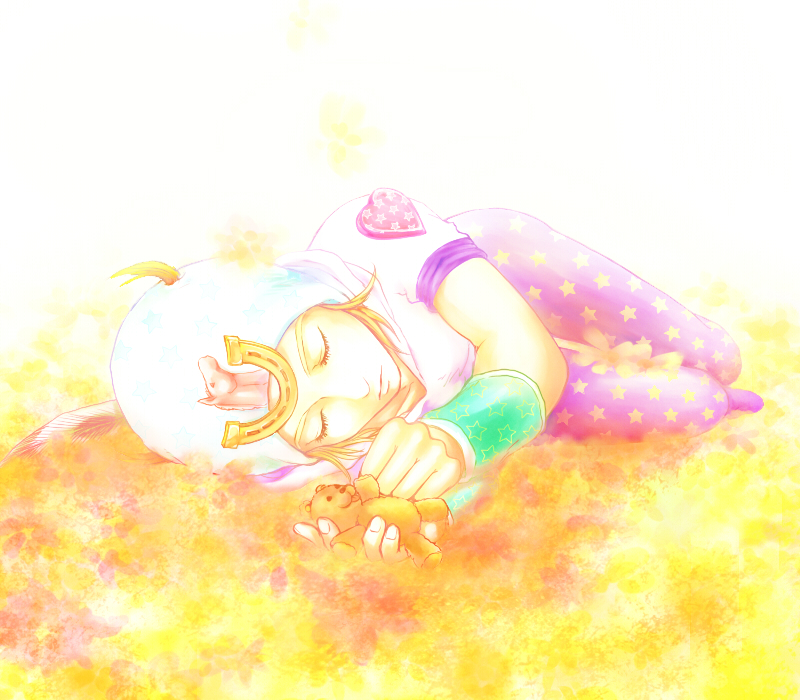 1boy, blonde_hair, closed_eyes, feathers, full_body, hat, heart, hood