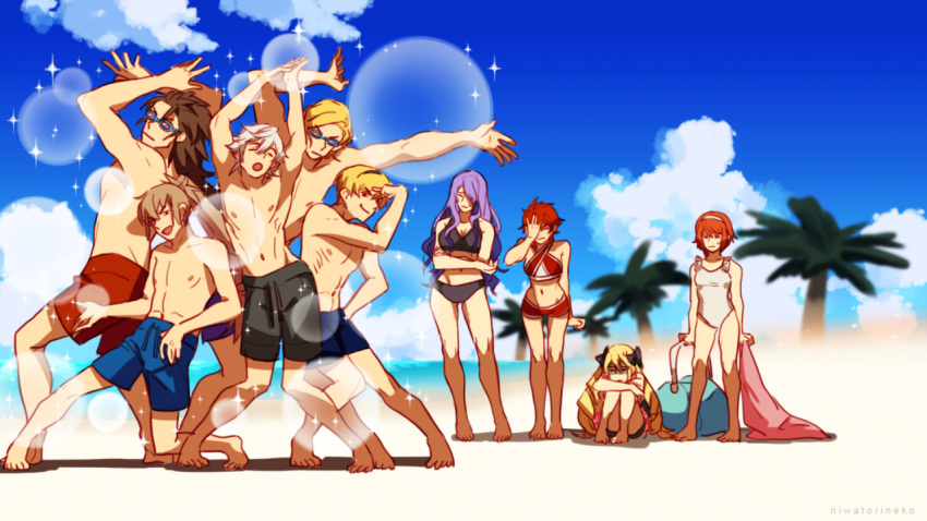 4girls, 5boys, arms_up, artist_name, beach, blonde_hair, brother_and_sister, brothers