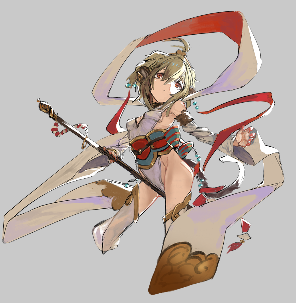 1girl, ahoge, anchira_(granblue_fantasy), between_legs, blonde_hair, breasts, center_opening, covered_nipples, cropped_legs, detached_sleeves, erun_(granblue_fantasy), fur, granblue_fantasy, grey_background, hagoromo, hairband, holding, holding_weapon, leotard, long_sleeves, monkey_ears, monkey_girl, monkey_tail, orange_eyes, p-rus, polearm, sash, shawl, short_hair, sideboob, simple_background, small_breasts, solo, thigh-highs, weapon, white_legwear