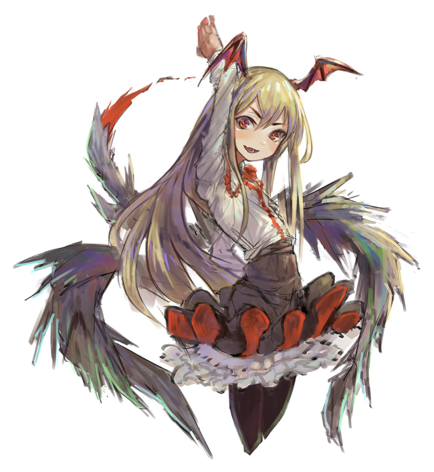 1girl, bat_wings, black_legwear, black_skirt, blonde_hair, blush, demon_tail, fang