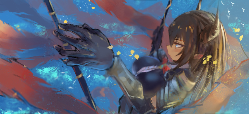 1girl, black_gloves, black_hair, blue_eyes, bow, breastplate, breasts, crack