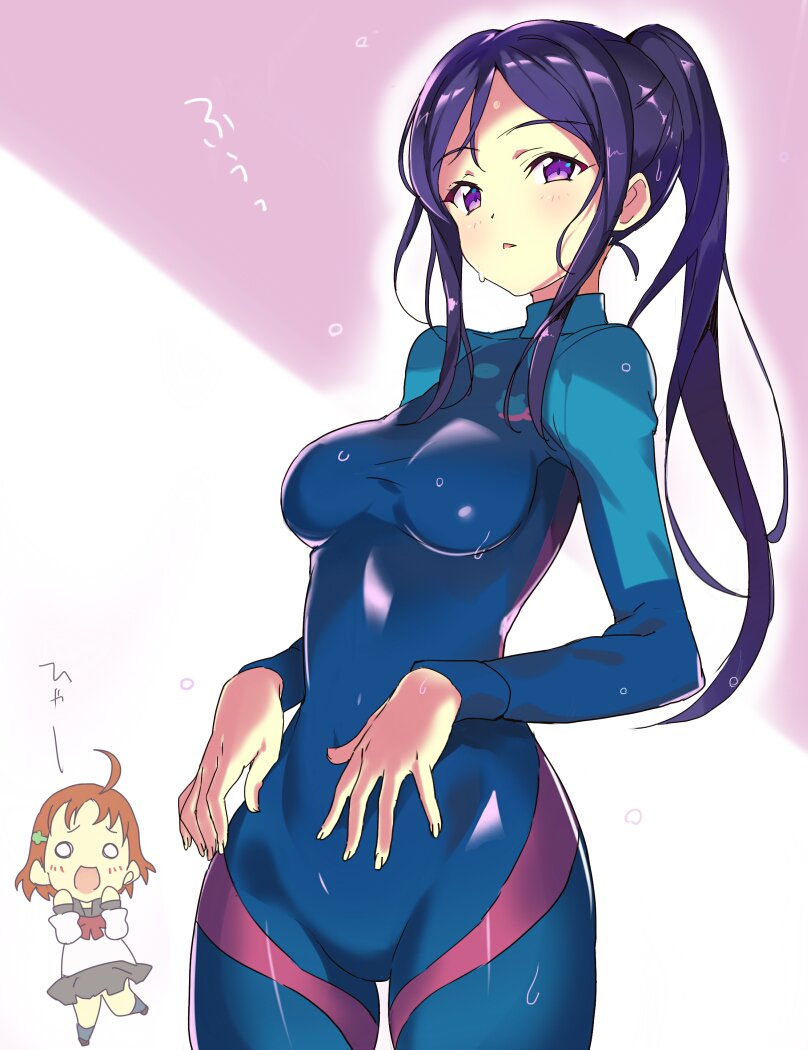 2girls, :d, ahoge, black_skirt, blush, bodysuit, breasts, chibi