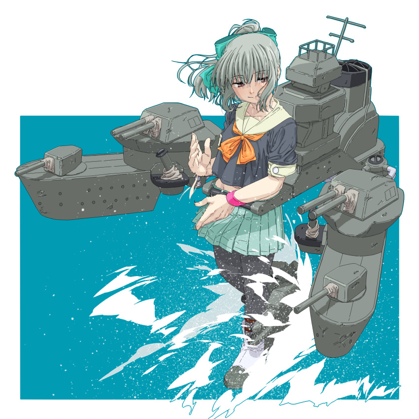 1girl, boko_(maniacpurple), bow, brown_eyes, cannon, green_hair, grey_hair, hair_bow