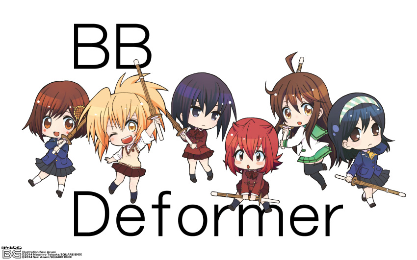 6+girls, asahina_kiki, azumi_saki, bamboo_blade, bamboo_blade_b, bamboo_blade_c, bb_deformer, black_hair, blonde_hair, brown_eyes, brown_hair, chiba_kirino, chibi, hairband, highres, kawazoe_tamaki, kurosu_chiko, long_hair, miyamoto_tatsumi, multiple_girls, official_art, ookido_yuu, ponytail, redhead, school_uniform, shinai, short_hair, skirt, sword, totsuka_masahiro, wallpaper, weapon, yellow_eyes
