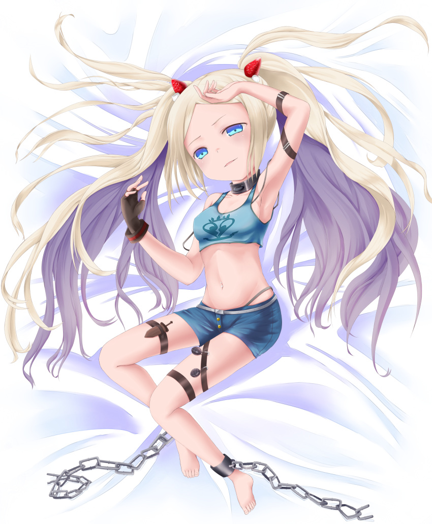 1girl, absurdres, barefoot, blonde_hair, blue_eyes, blush, chain, dagger, dakimakura, explosive, fingerless_gloves, food, fruit, gloves, grenade, hair_ornament, hairclip, highres, long_hair, midriff, naegling, navel, open_mouth, phantom_of_the_kill, piercing, salondcafe0000, solo, strawberry, twintails, weapon