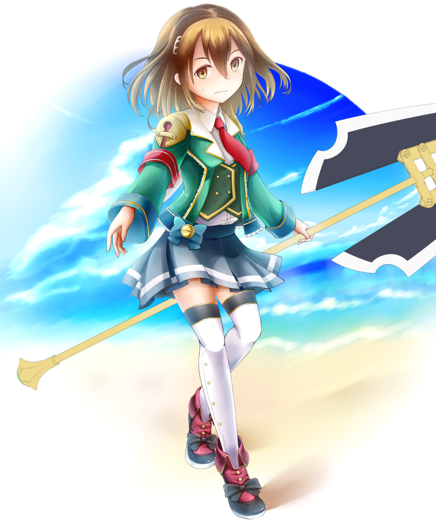 1girl, absurdres, beach, blush, bow, brown_eyes, brown_hair, hair_ornament