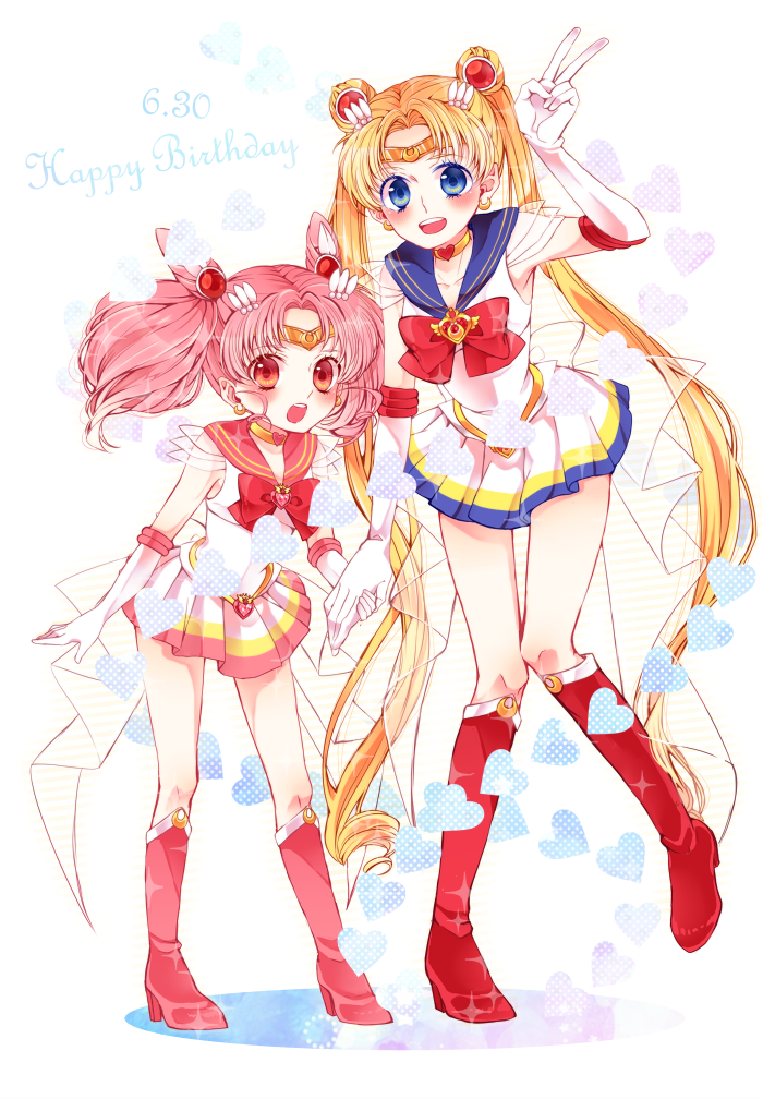 2girls, :d, arichel, bishoujo_senshi_sailor_moon, blonde_hair, blue_eyes, blush, boots