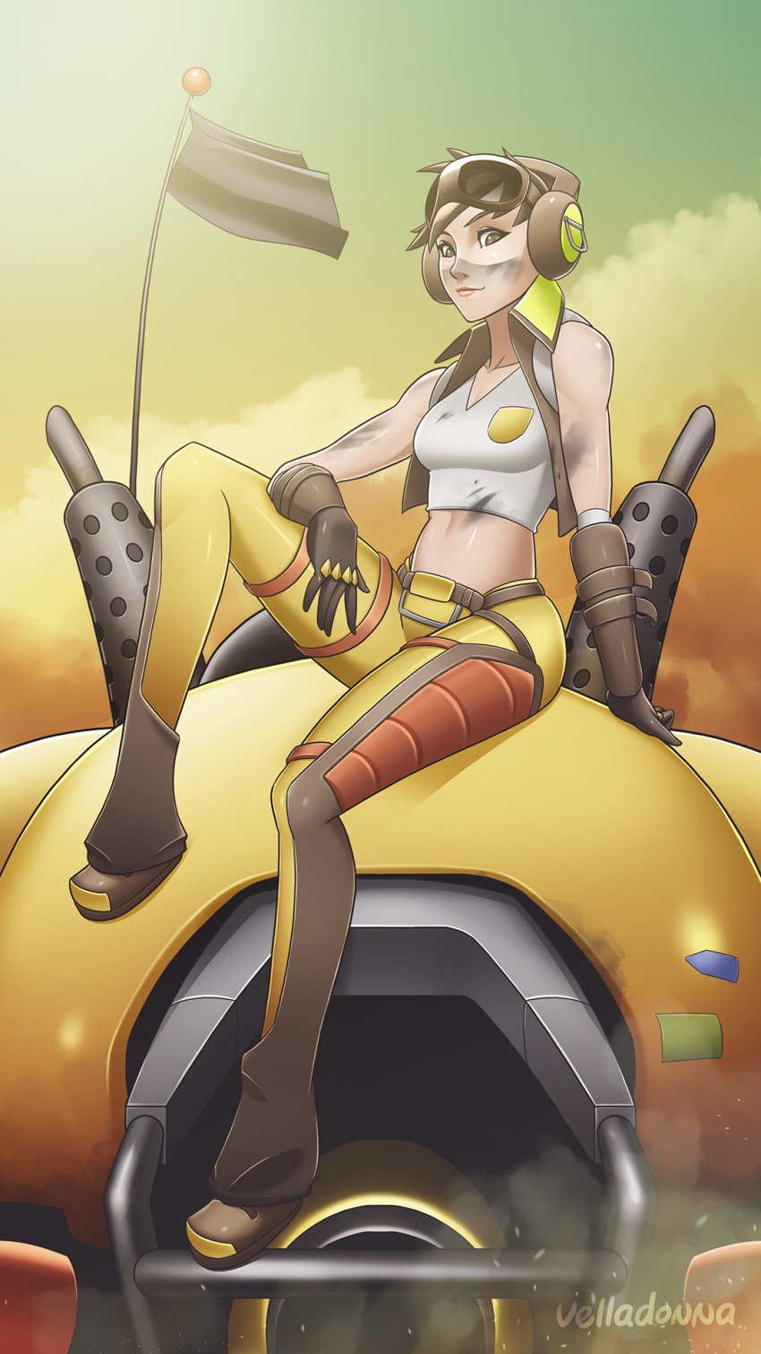 1girl, alternate_costume, artist_name, breasts, brown_eyes, brown_gloves, brown_hair, clouds