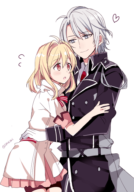 1boy, 1girl, ahoge, blonde_hair, flying_sweatdrops, gloves, heart, idolish_7