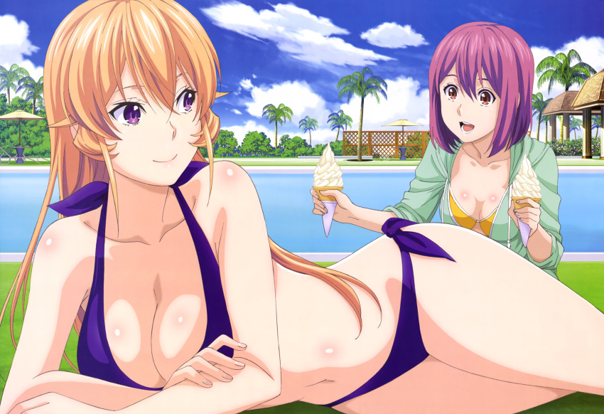 2girls, absurdres, arato_hisako, beach_umbrella, bikini, blonde_hair, breasts, brown_eyes