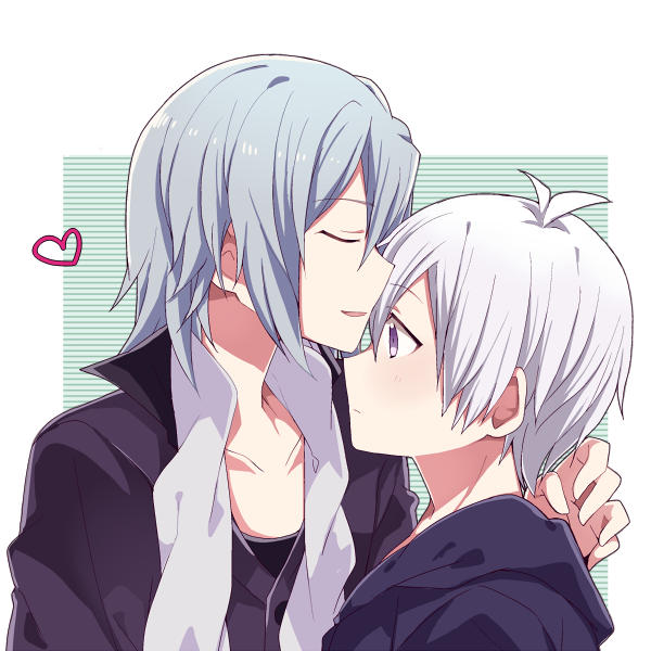 2boys, blush, closed_eyes, forehead_kiss, heart, idolish_7, incipient_kiss, kiss
