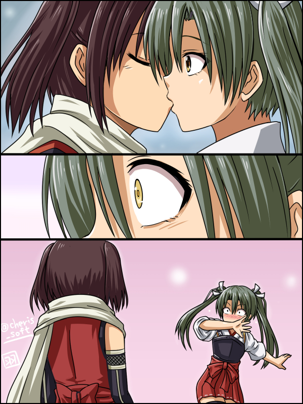 2girls, black_skirt, blush, brown_hair, comic, constricted_pupils, covering_mouth, elbow_gloves