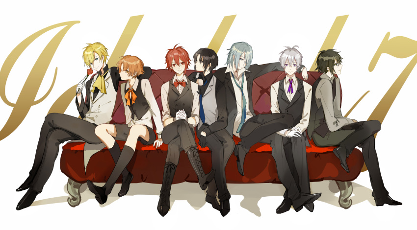 6+boys, ahoge, black_gloves, black_hair, blonde_hair, blue_eyes, blue_hair, blue_necktie
