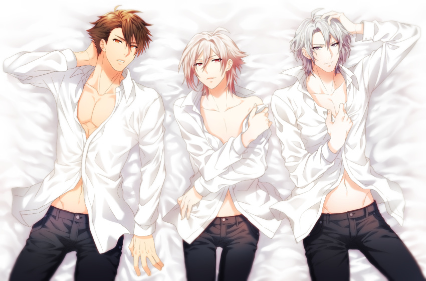 3boys, ahoge, bed_sheet, brown_eyes, brown_hair, denim, dress_shirt, grey_eyes