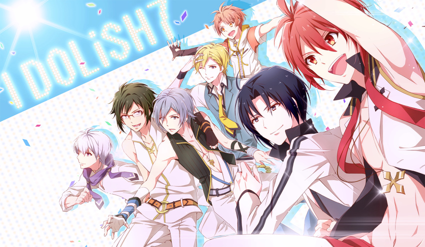 6+boys, ;), arm_up, armpits, belt, black_hair, blonde_hair, copyright_name