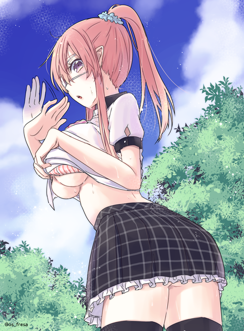1girl, afterimage, black_legwear, blush, bra, breasts, eyepatch, fanning_self