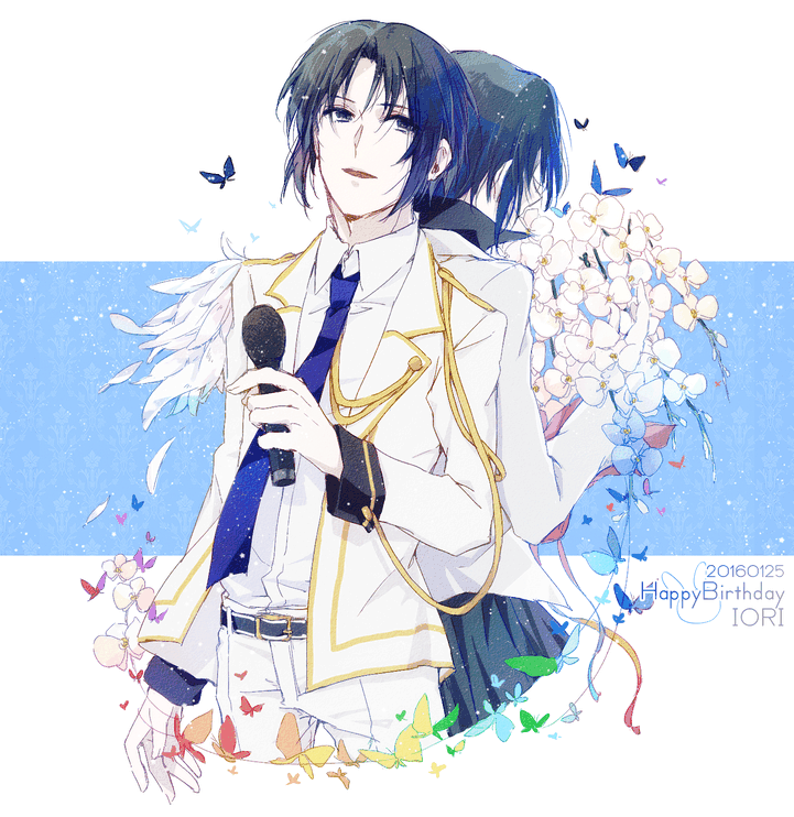 1boy, 2016, back-to-back, bangs, blue_hair, blue_necktie, butterfly, collared_shirt