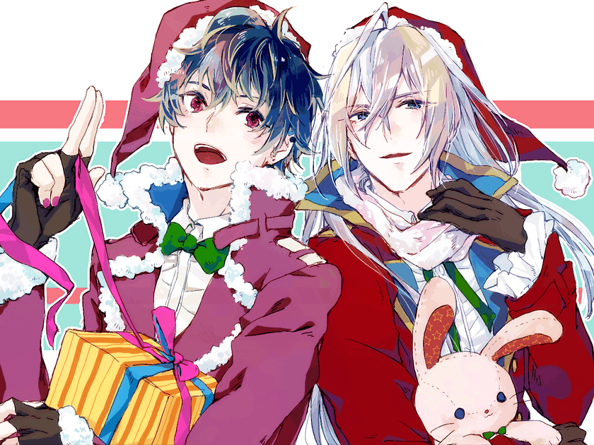 2boys, :d, black_hair, bow, bowtie, box, brown_gloves, earrings