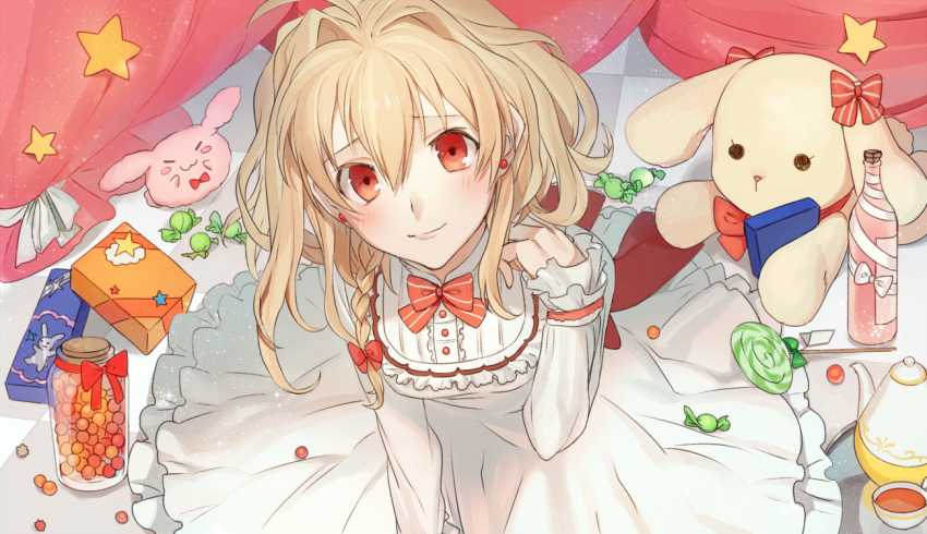 >_<, 1girl, :3, blonde_hair, blush, bottle, bow, box, braid, candy, closed_eyes, cork, cup, curtains, dress, earrings, from_above, gift, gift_box, hair_bow, idolish_7, jewelry, kinako_(idolish_7), kudara, lollipop, red_eyes, smile, solo, star, stuffed_animal, stuffed_bunny, stuffed_toy, swirl_lollipop, takanashi_tsumugi, teacup, teapot