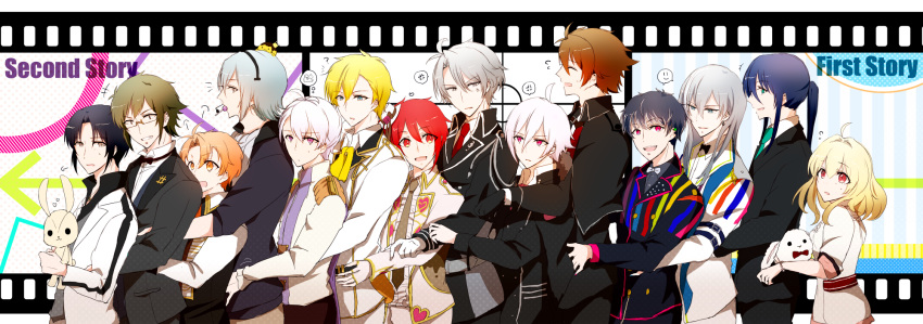 1girl, 6+boys, ?, ahoge, blonde_hair, bow, bowtie, everyone