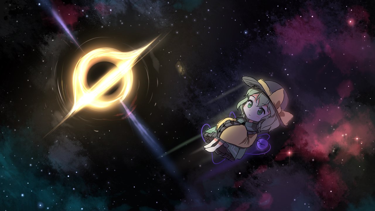 1girl, barefoot, black_hole_(space), blouse, boots, brown_boots, buckle, commentary, floating, frilled_skirt, frilled_sleeves, frills, galaxy, green_eyes, green_hair, green_skirt, hat, hat_ribbon, interstellar_(movie), komeiji_koishi, leg_hug, long_sleeves, minust, nebula, parody, planet, ribbon, scenery, shirt, short_hair, skirt, skirt_set, sleeves_past_wrists, solo, space, star, star_(sky), third_eye, touhou, wide_sleeves