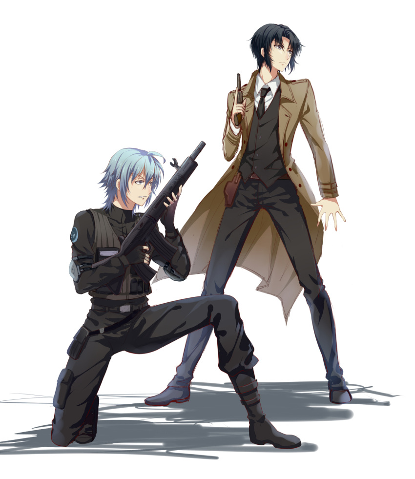 2boys, black_hair, black_necktie, blue_hair, full_body, gun, handgun, highres