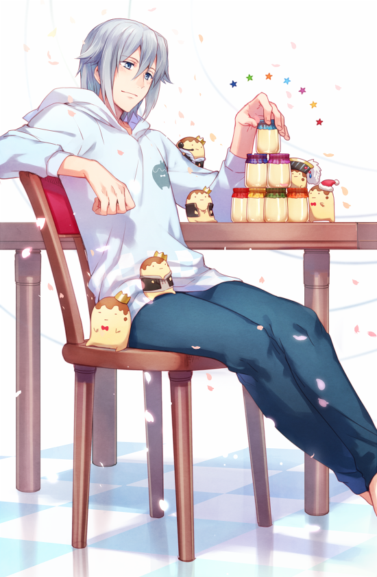 1boy, asahikawa_hiyori, idolish_7, jar, male_focus, silver_hair, sitting, yotsuba_tamaki