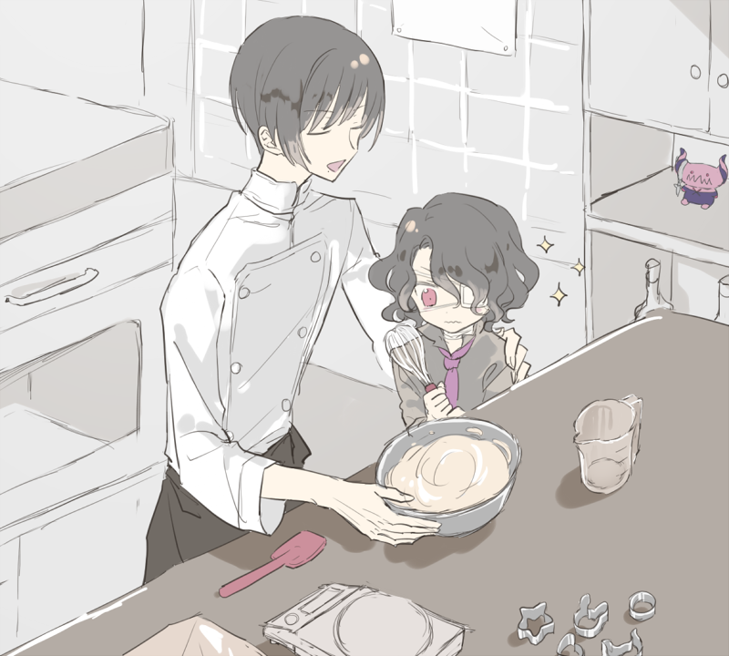 2boys, asselin_bb_ii, black_hair, bowl, chef, chef_uniform, child, closed_eyes