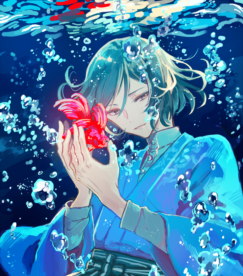 1boy, air_bubble, blue_background, bubble, fish, green_hair, hakama, idolmaster, idolmaster_side-m, japanese_clothes, kimono, kiyosumi_kurou, looking_to_the_side, male_focus, meiji_schoolgirl_uniform, parted_lips, royu, short_hair, simple_background, smile, solo, underwater, upper_body, water