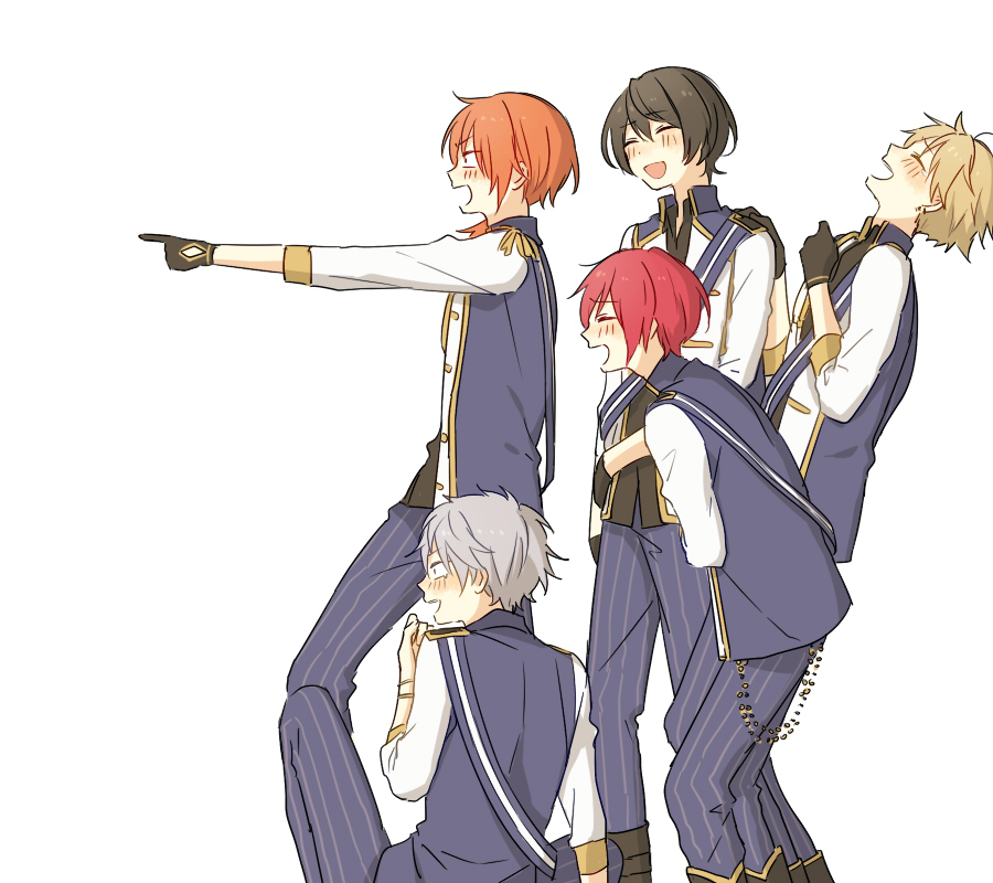 5boys, black_gloves, black_hair, blonde_hair, blush, closed_eyes, ensemble_stars!, epaulettes