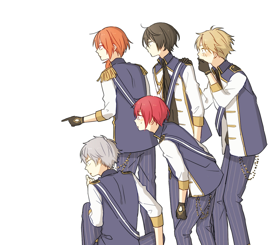 5boys, black_gloves, black_hair, blonde_hair, blush, covering_mouth, ensemble_stars!, epaulettes