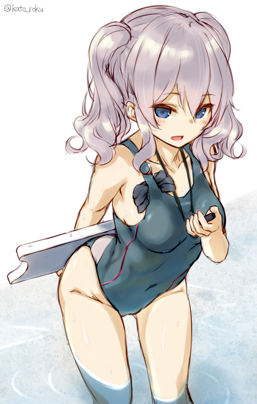 1girl, absurdres, alternate_costume, arm_behind_back, blue_eyes, blue_swimsuit, bow, breasts