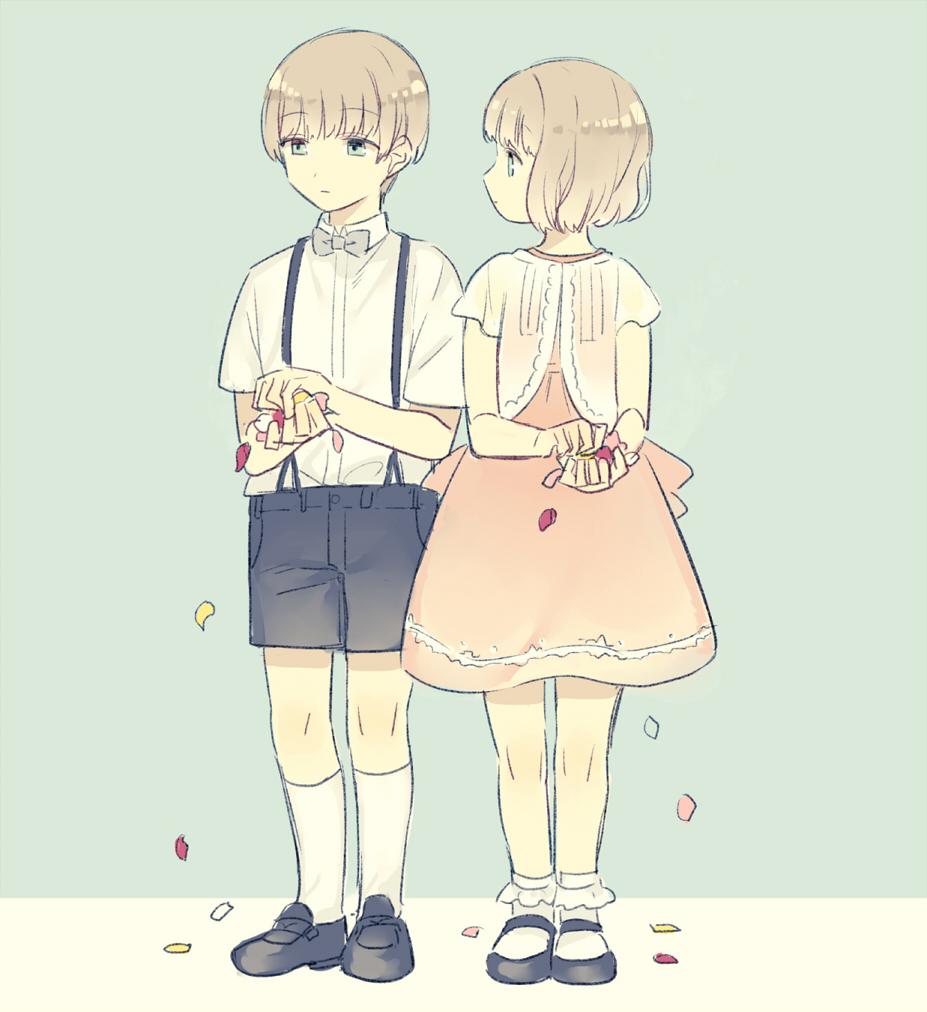 1boy, 1girl, bangs, bare_arms, black_shoes, black_shorts, bob_cut, brown_hair