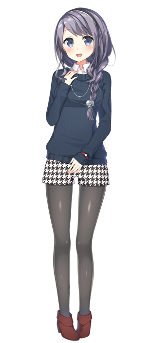 1girl, :d, blue_eyes, blue_sweater, blush, braid, casual, full_body, hasumi_nayuki, jewelry, long_hair, looking_at_viewer, maid_to_partita, necklace, official_art, open_mouth, pantyhose, patterned_clothing, purple_hair, red_shoes, shima_(shima_je), shoes, short_shorts, shorts, smile, solo, sweater, transparent_background, watch