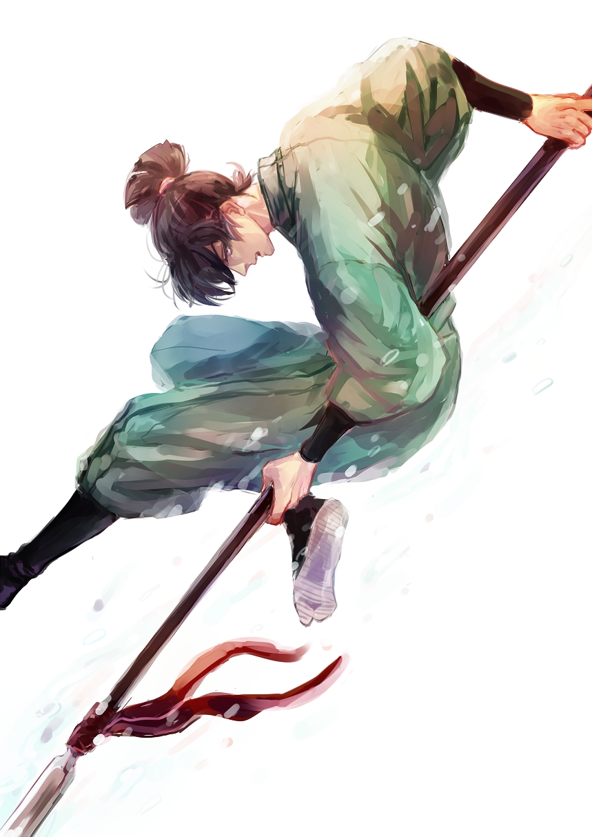 1boy, full_body, highres, holding, holding_weapon, kanmuri_(cloud-ff7), kema_tomesaburou, male_focus, ninja, rakudai_ninja_rantarou, simple_background, solo, weapon, white_background