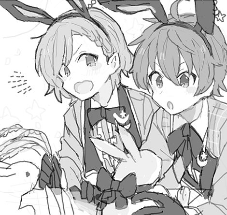 2boys, alternate_costume, aoi_yuusuke, black_gloves, blush_stickers, braid, gloves, idolmaster